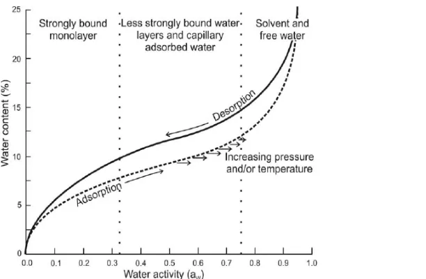 Gambar 2.2.  Skema histeresis antara adsorpsi dan desorpsi uap air (Chaplin,  2005).  