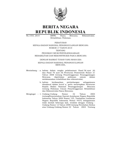 No.1553, 2014 BNPB. Pasca Bencana. Rekonstruksi. Rehabilitasi. Pedoman ...