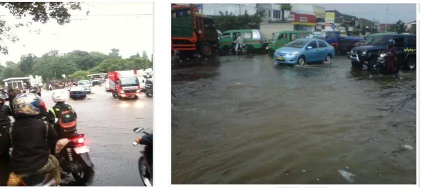 Gambar 1. Kiri: Banjir Cileuncang di Jalan Setiabudi depan UPI; Kanan: banjir di Jalan Peta-Lewipanjang 