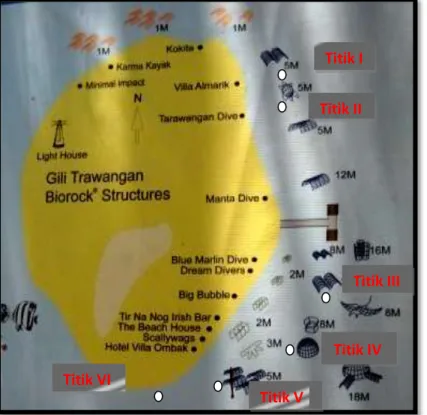 Gambar 1. Lokasi Pengambilan Sampel Pada Kawasan Biorock dan Nonbiorock Di Perairan Gili Trawangan  Lombok Utara (Sumber: Robbe, 2010) 