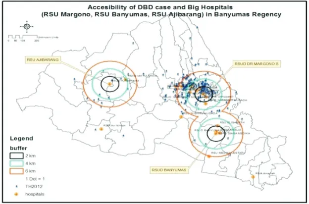 Gambar 9. Sebaran kasus DBD dengan Area Curah Hujan di Kabupaten Banyumas Tahun 2012