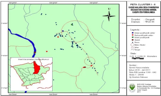Gambar 2. Peta Cluster Kasus  Malaria di Desa Panusupan Kecamatan Rembang Kabupaten                    Purbalingga Tahun 2011.