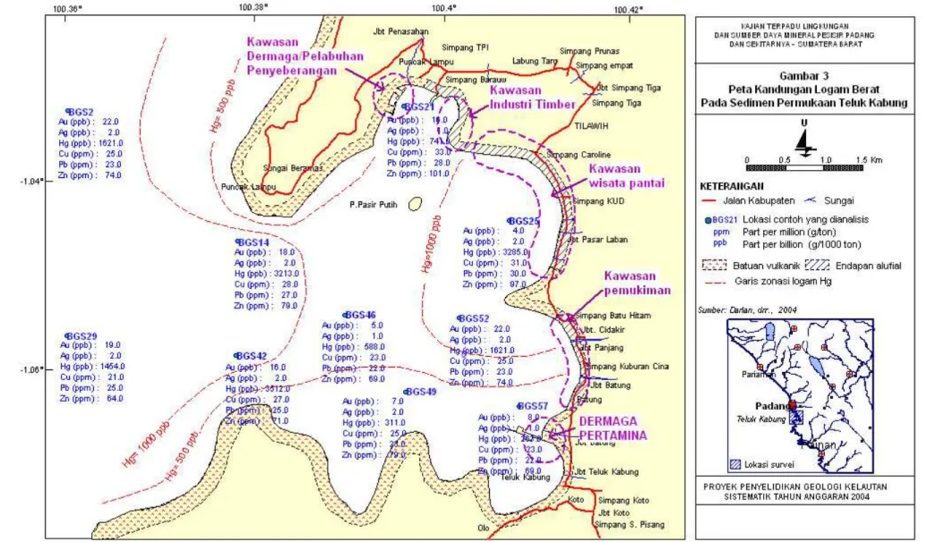Gambar 3.  Peta kandungan logam berat pada sedimen permukaan Teluk Kabung.