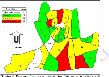 Gambar 7. Peta stratifikasi kasus infeksi virus Dengue antar kelurahan di Kota Sukabumi pada Bulan Juli 2012 