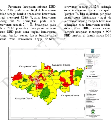 Gambar 7 Peta Sebaran Spasial Kasus DBD Tahun 2007 – Agustus 2012 Yang Ditumpangkan Pada Zona Tingkat Kerawanan DBD di Kota Banjar Provinsi Jawa Barat 