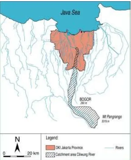 Figure 1. Ciliwung River and its catchment area at the upstream of Manggarai Weir(ACF 2004; NEDECO, 2002)
