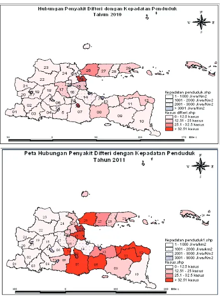 Gambar 3. Peta Hubungan Penyakit Difteri dengan Persentase Penduduk yang Tingkat Pendidikan Rendah di Kabupaten/Kota Provinsi Jawa Timur