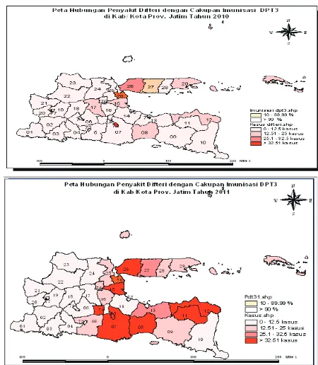 Gambar 4. Peta Hubungan Penyakit Difteri dengan Cakupan Imunisasi DPT3