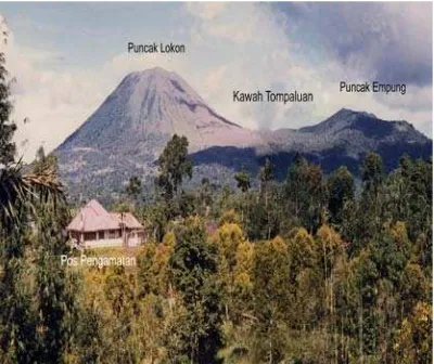 Gambar 3. Situasi topograi sekitar Kawah Tompalu-an, tahun 2005 yang memperlihatkan perubahan bibir kawah yang semakin meluas dibanding dengan kondisi tahun 2003