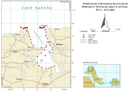 Gambar 1. Lokasi stasiun penelitian (titik merah) di Teluk Klabat, Bangka 