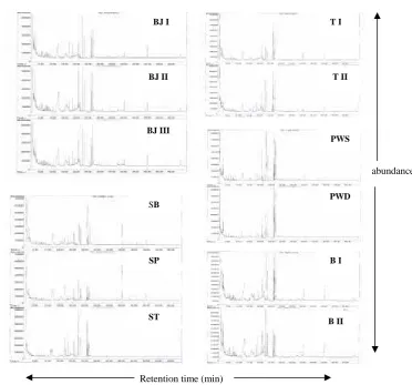 Fig. 8. GC-MSD metabolic profile of 12 samples of S.androgynus from East Java: (B) Batu,(BJ) Bojonegoro, (PWD) Purwodadi, (PWS) Purwosari, (SB) West Surabaya, (SP) CenterSurabaya, (ST) East Surabaya