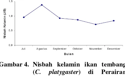 Gambar 5. Nisbah kelamin ikan tembang (C. platygaster) berdasarkan ukuran selang kelas panjang di Perairan Ujung Pangkah, Kabupaten Gre-sik, Jawa Timur 