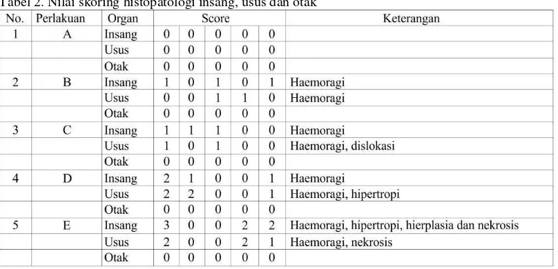 Tabel 2. Nilai skoring histopatologi insang, usus dan otak 