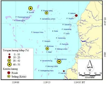 Gambar 3.  Peta sebaran kondisi dan tutupan karang hidup (periode April-Agustus 2011) di Kepulauan  Spermonde 