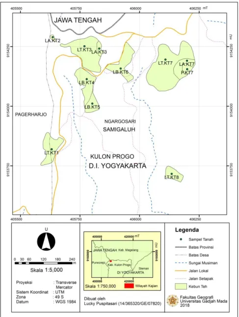Gambar 6. Persebaran Pengambilan Sampel Tanah di Perkebunan Teh Tritis (Foto Udara,  2018  dan Survei Lapangan, 2017-2018)