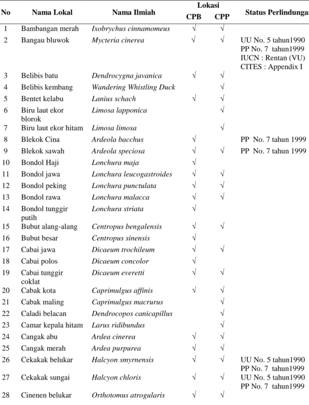 Tabel 1.   Daftar jenis burung di areal tambak PT Central Pertiwi Bahari dan PT. Central   Proteinaprima 