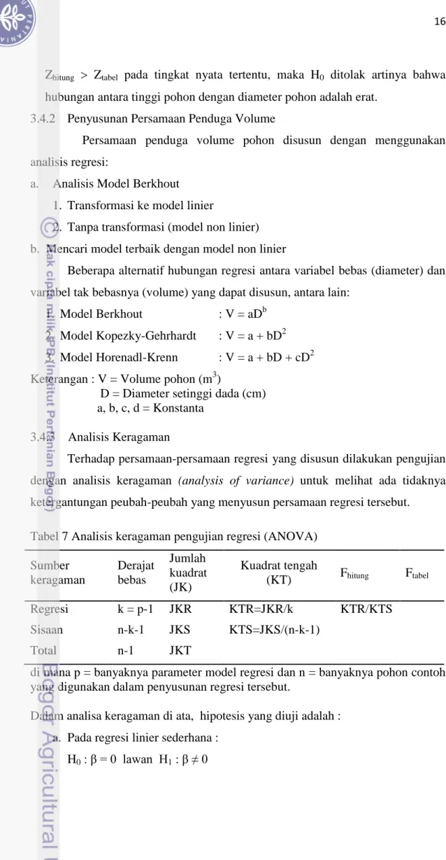 Tabel 7 Analisis keragaman pengujian regresi (ANOVA)  Sumber  keragaman  Derajat bebas  Jumlah  kuadrat  (JK)  Kuadrat tengah (KT)  F hitung F tabel  Regresi  k = p-1  JKR  KTR=JKR/k  KTR/KTS    Sisaan  n-k-1  JKS  KTS=JKS/(n-k-1)  Total  n-1  JKT 