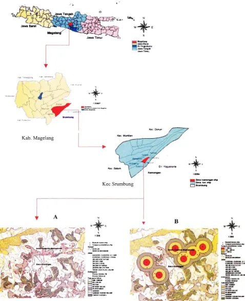 Gambar 7. Peta Kasus Malaria Dusun Nganggrung, Desa Kamongan (A) dan Buffer Zone Tempat Perindukan Nyamuk Terhadap Kasus Malaria (B)