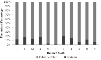 Gambar 10.  Perbandingan antara rajungan betina yang membawa telur dan tidak membawa telur setiap bulannya di perairan Labuhan Maringgai,  2012