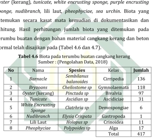Tabel 4.6 Biota pada terumbu buatan cangkang kerang  Sumber : (Pengolahan Data, 2018)   