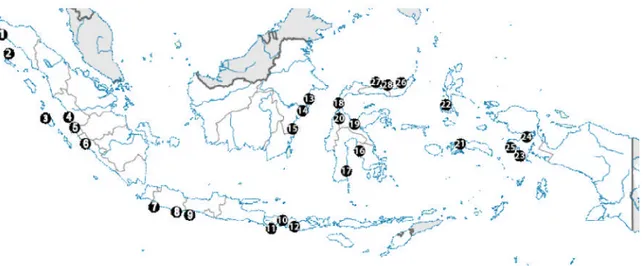 Gambar 1. Lokasi sampling ikan sidat di perairan Indonesia. Figure 1. Sampling location of eel in Indonesian waters.