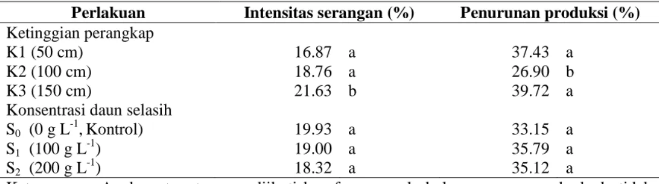 Tabel  3.  Pengaruh  ketinggian  perangkap  hama  dan  konsentrasi  ekstrak  daun  selasih  terhadap  intensitas serangan dan penurunan produksi