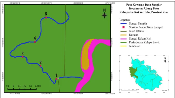 Gambar 1. Lokasi penelitian di Sungai Sangkir, anak Sungai Rokan Kiri, Desa Sangkir, Kecamatan Ujung Batu,  Kabupaten Rokan Hulu, Provinsi Riau