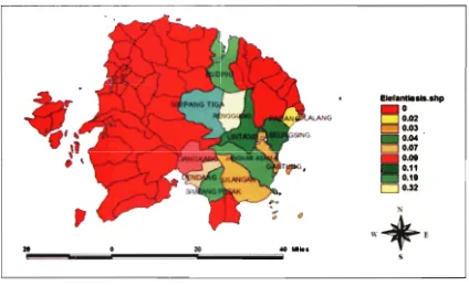 Gambar 1. Peta Distribusi Mf Rate dan Elefantiasis di Kabupaten Belitung Timur Sebelum Pengobatan Masal (Tahun 2005)