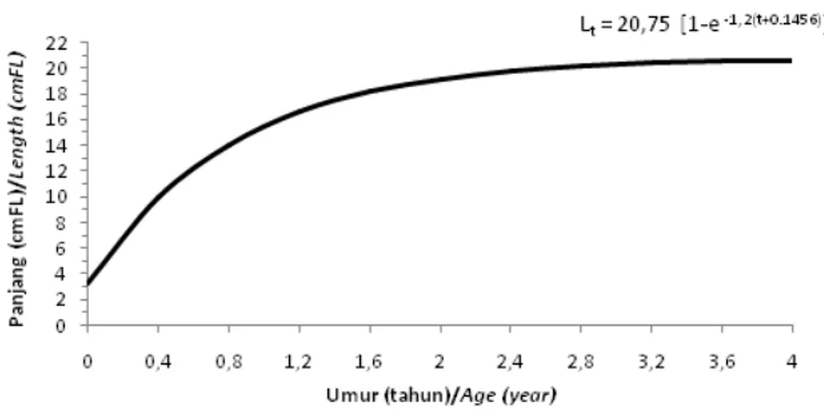 Gambar 3. Kurva pertumbuhan ikan lemuru berdasarkan formula Von Bertalanfy Figure 3. Growth curve of Bali sardinella according to Von Bertalanfy formula Kematian (Mortalitas)
