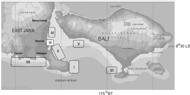 Gambar 1. Daerah penangkapan ikan lemuru (S.lemuru) di perairan Selat Bali. Figure 1. Fishing ground of Bali sardinella (S.lemuru) in Bali Strait waters.