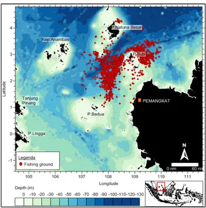 Gambar 1. Daerah penangkapan pukat cincin dan lokasi pendaratan ikan di Pemangkat Kalimantan Barat