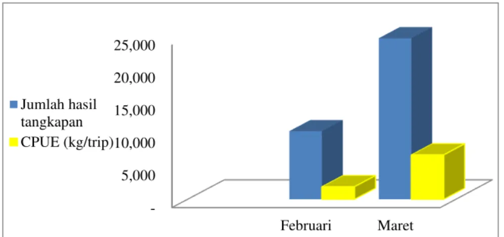Gambar 1. Jumlah hasil tangkapan dan CPUE bulan Februari dan Maret 2016.  Hasil  tangkapan  pada  (Gambar  2)  ikan  Layang  paling  banyak  tertangkap  pada  tanggal  1  sampai  8  Maret  2016,  dan  untuk  tangkapan  ikan  Layang  paling  rendah  pada  t