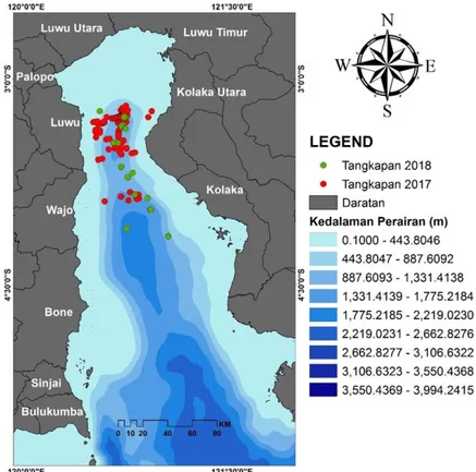 Gambar 1.  Peta bathymetri (profil kedalaman) Perairan Teluk Bone yang dioverlay dengan Posisi  Penangkapan ikan pelagis besar pada tahun 2017 dan 2018