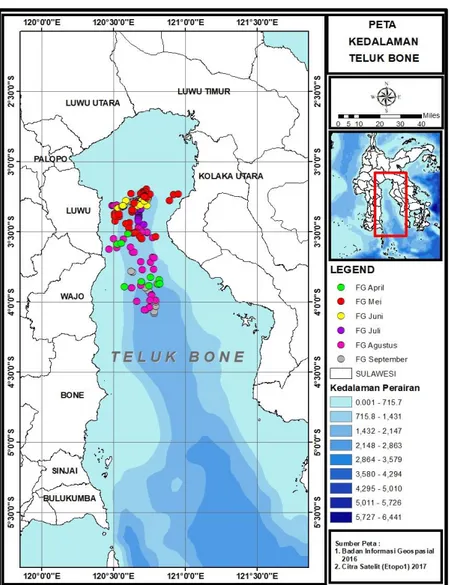 Gambar 6  Peta bathymetri (profil kedalaman) Perairan Teluk Bone yang dioverlay dengan Posisi  Daerah Penangkapan Ikan pada Bulan April s.d