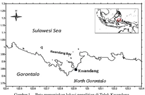 Gambar 1. Peta menunjukan lokasi penelitian di Teluk Kwandang.