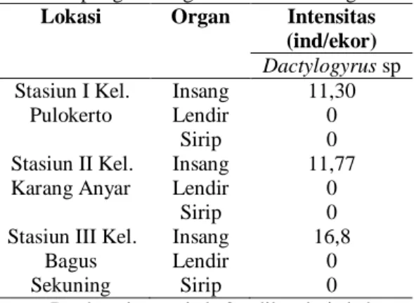 Tabel  3.  Intensitas Ektoparasit  pada  Ikan  Patin  Siam  (Pangasius  hypopthalmus)  di  Tiga  Lokasi  Budidaya  Keramba  Jaring  Apung di Sungai Musi Palembang