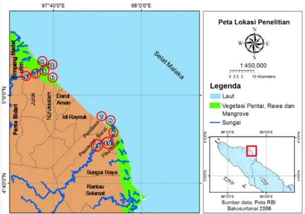 Gambar 2. Peta stasiun penelitan Udang Windu Di Pesisir Perairan Aceh Timur. Tabel 1. Bahan dan alat yang digunakan selama penelitian kebiasaan makanan udang windu