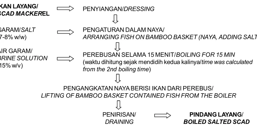Gambar 1.  Skema pembuatan pindang layang.Figure 1. Schematic diagram of boiled salted scad processing.