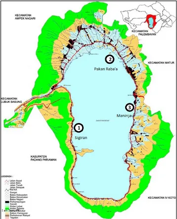 Gambar 1.  Peta lokasi titik pengambilan sampel ikan nila di  Danau Maninjau Sumatra Barat