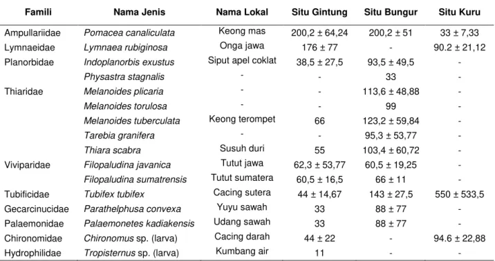 Tabel 3. Kepadatan rata-rata makrozoobentos di Situ Gintung, Situ Bungur dan Situ Kuru (ind/m 2 )  