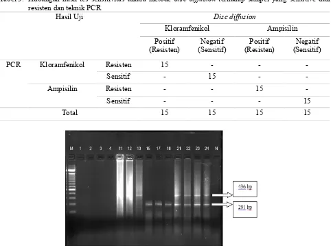 Tabel 3. Hubungan hasil tes sensitivitas antara metode disc diffusion terhadap sampel yang sensitive danresisten dan teknik PCR