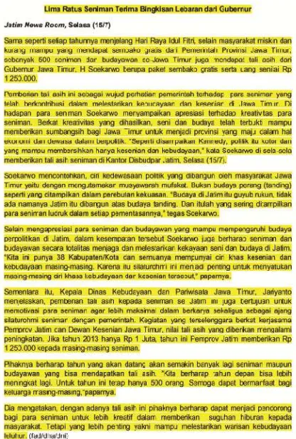 Gambar 13. Hasil Edit Draft Berita Kegiatan Silaturahim Gubernur dengan Seniman dan Budayawan Jawa Timur Sumber: Dokumentasi Penulis 