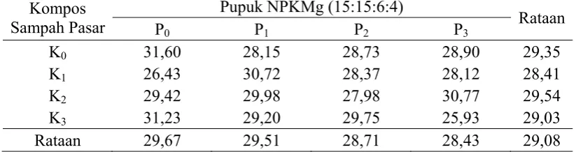 Tabel 5. Rataan panjang akar (cm) umur 12 MST pada perlakuan kompos sampah pasar dan pupuk NPKMg