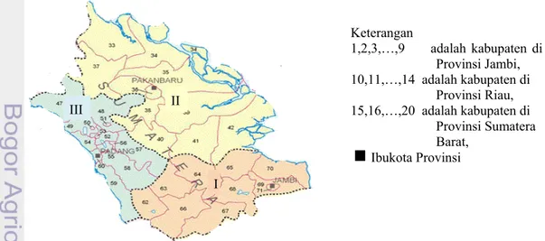 Gambar 19 Peta Kabupaten-kabupaten di Jambi (I), Riau (II), dan Sumatera Barat (III).