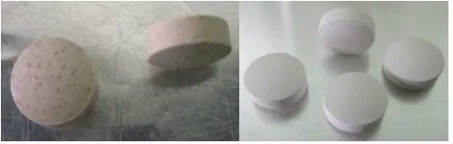 Gambar 3. Penampilan tablet katekin dari ekstrak gambir.Kiri: tablet inti, kanan: tablet salut selaput