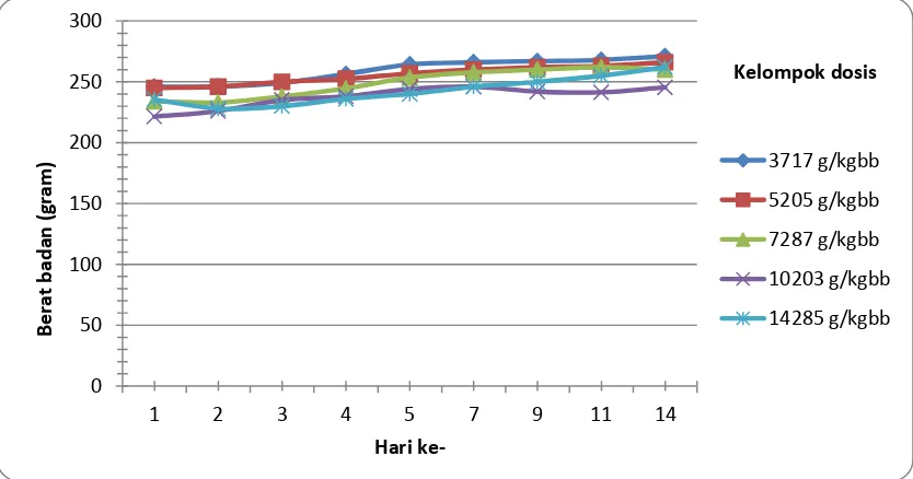 Gambar 1. Rerata perubahan berat badan tikus betina selama uji toksisitas akut  