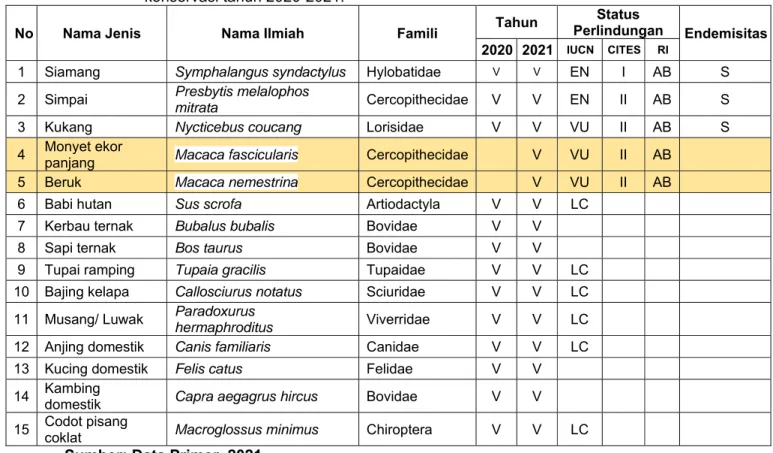 Tabel 1 Perbandingan keberadaan jenis Mamalia di sekitar PT PGE Ulubelu dan status  konservasi tahun 2020-2021