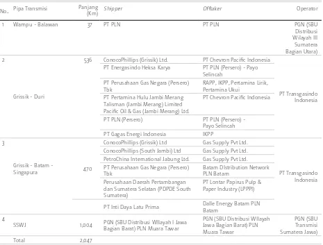 Tabel berikut ini adalah segmen pipa transmisi yang dimiliki dan dioperasikan oleh PGN serta Entitas Anak termasuk pelanggan baik shipper atau offtaker: