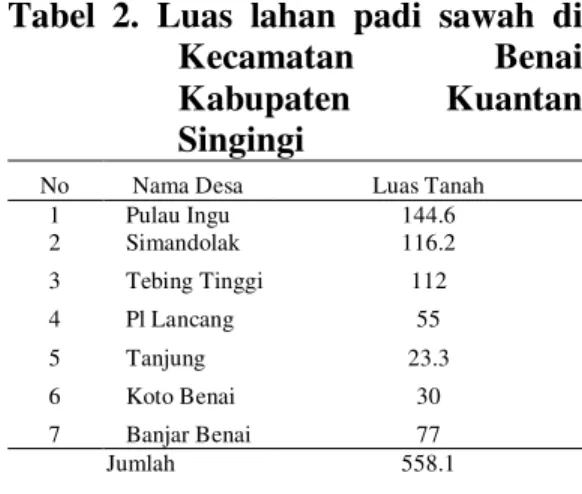 Tabel  2.  Luas  lahan  padi  sawah  di  Kecamatan  Benai  Kabupaten  Kuantan  Singingi 