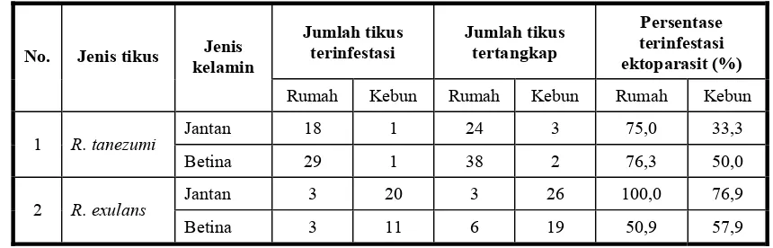 Tabel 1. Jumlah tikus rumah R. tanezumi dan tikus polinesia R. exulans yang terinfestasi ektoparasit 